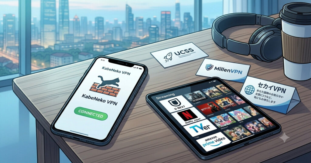 デスクの上に置かれたスマートフォンに映るかべネコVPNの接続画面と、日本の動画配信サービス（Netflix、TVer、U-NEXT）が並ぶタブレットのイラスト