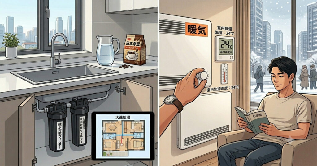 大連のマンションのキッチンシンク下に設置された硬水対策フィルター（左）と、冬の室内で暖気の温度調整をして半袖で快適に読書をする日本人駐在員のイラスト（右）の比較画面