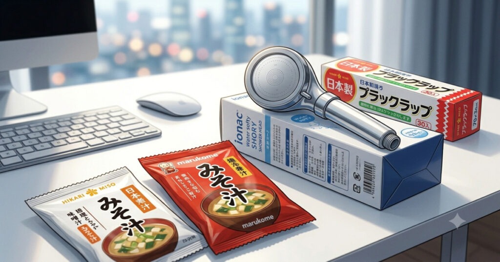 大連生活の必需品である軟水化シャワーヘッド、フリーズドライの味噌汁、日本のサランラップが机に並んでいる様子